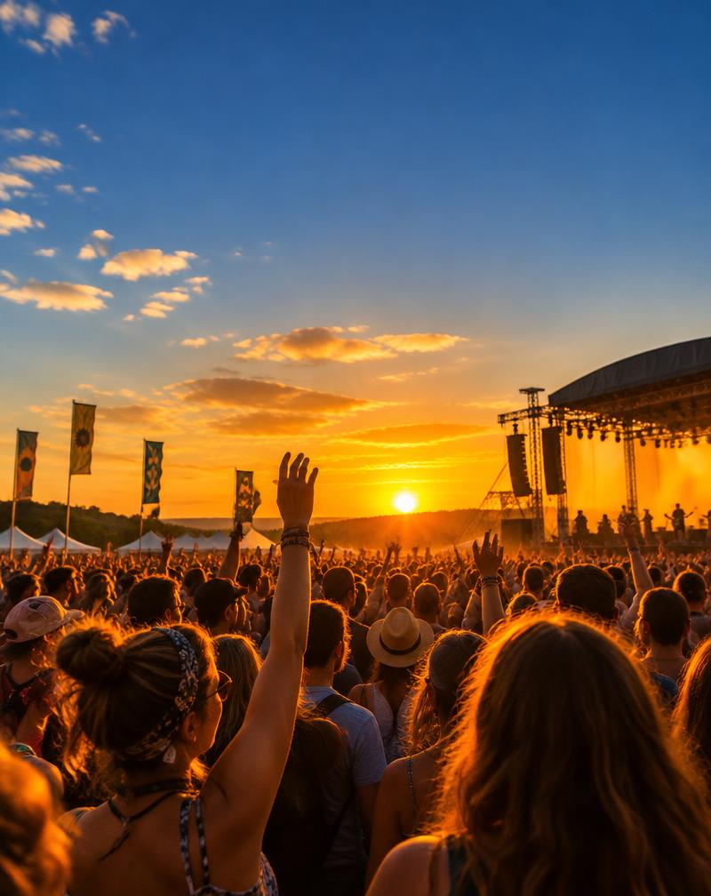 Foule de festival au coucher du soleil (photo d'ambiance)